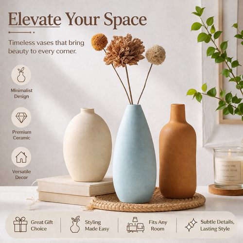 Vases Set of 3 Modern Boho Farmhouse Home Decor,Decorative Vases for Pampas Grass & Dried Flowers,Distressed Finish for Table Mantel Entryway Shelf Living Room Kitchen Bathroom