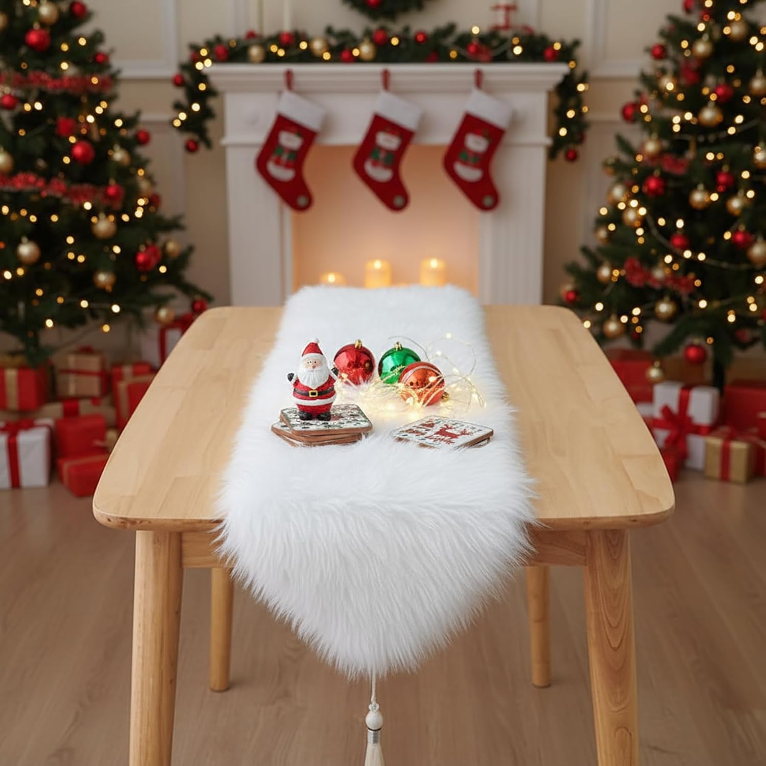White Table Runner for Home Decor , Fluffy Fur Christmas Table Runners with Tassels for Dining Table ,Dresser ,Thanksgiving, Xmas ,Birthday ,Party ,11.8x70.7 inch