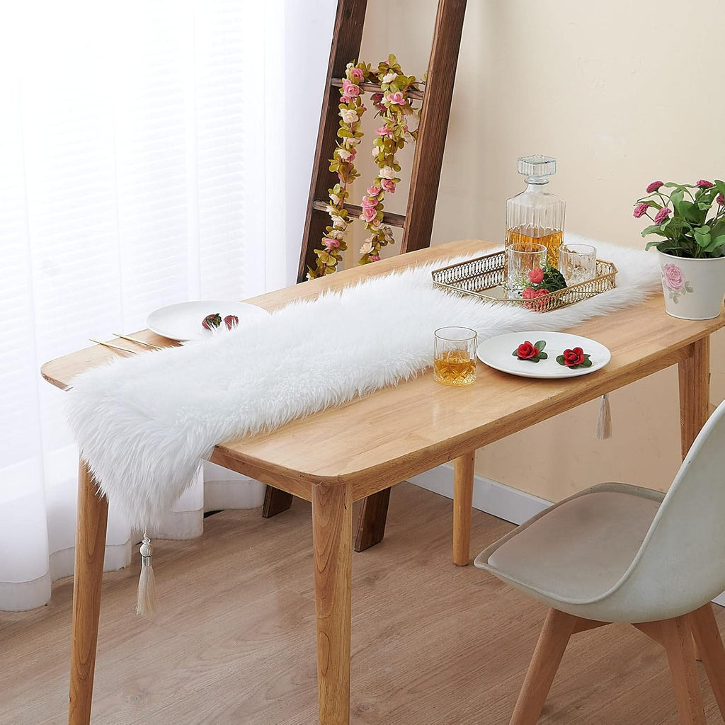 Faux Fur Table Runner White with Tassels, Fluffy Christmas Table Runners for Thanksgiving Home Dresser Dinning Table Decor 11.8 x 59.1 inch