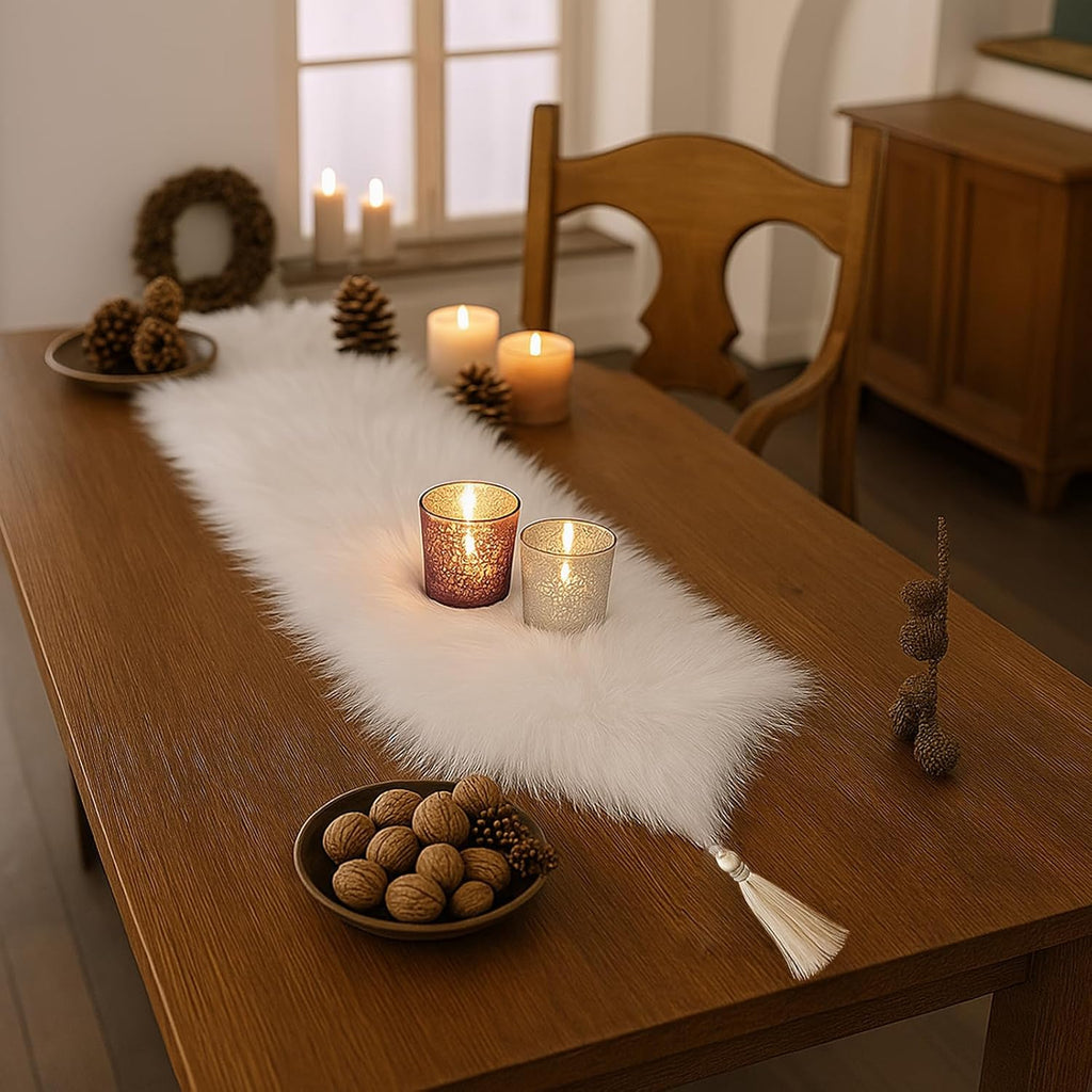 White Table Runner for Home Decor , Fluffy Fur Christmas Table Runners with Tassels for Dining Table ,Dresser ,Thanksgiving, Xmas ,Birthday ,Party ,11.8x70.7 inch