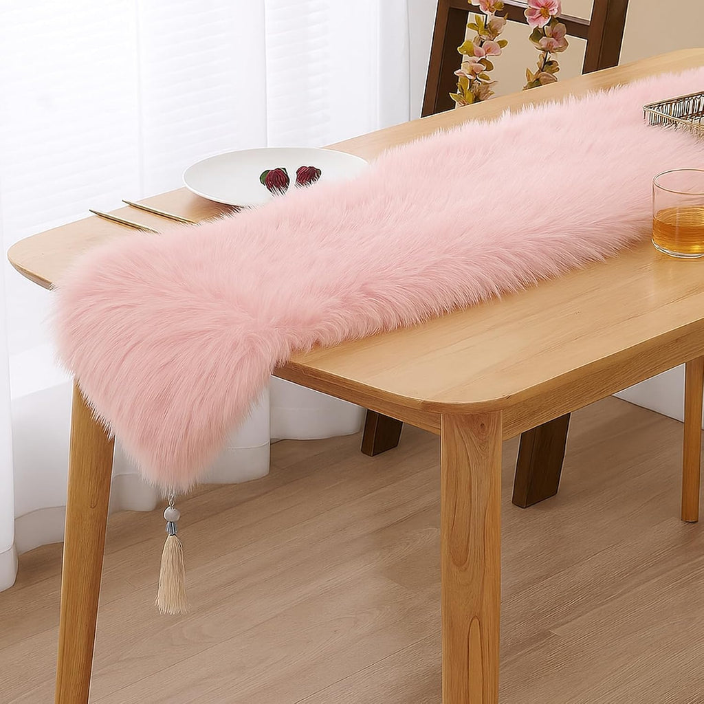 Table Runner with Tassels, Modern Pink Fluffy Faux Fur Decor Table Runners for Thanksgive Home Dinning Table ,Dresser Decoration (Pink, 11.8x59.1 inch)