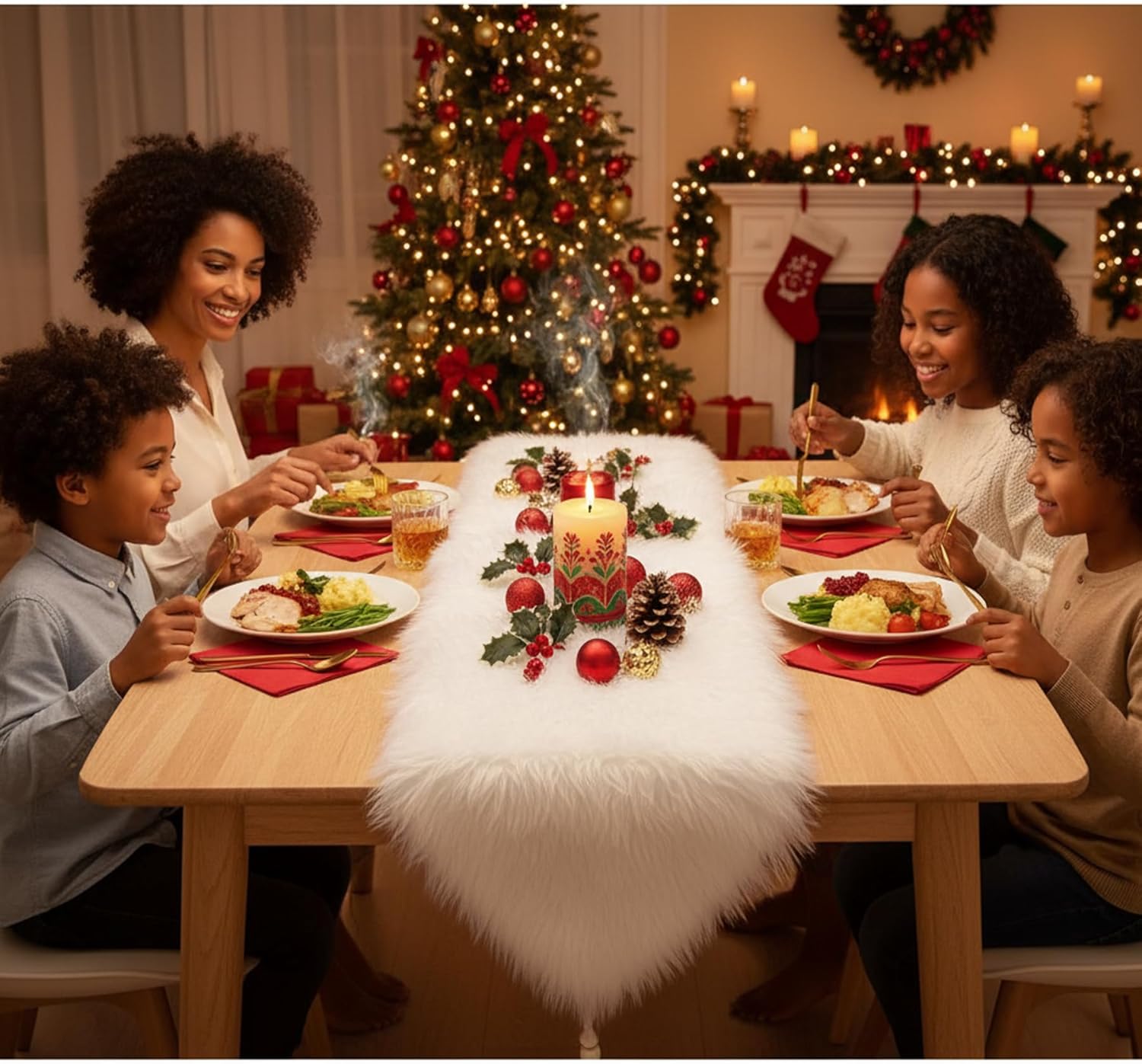 White Table Runner for Home Decor , Fluffy Fur Christmas Table Runners with Tassels for Dining Table ,Dresser ,Thanksgiving, Xmas ,Birthday ,Party ,11.8x70.7 inch