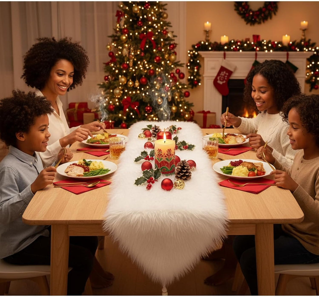 Faux Fur Table Runner White with Tassels, Fluffy Christmas Table Runners for Thanksgiving Home Dresser Dinning Table Decor 11.8 x 59.1 inch