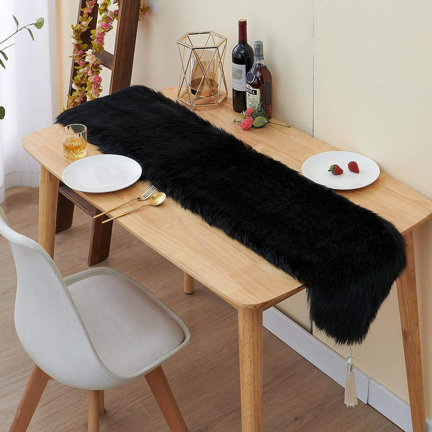 Fluffy Faux Fur Table Runner Black with Tassels for Home Dresser Dinning Table Decor 11.8 x 59.1 inch
