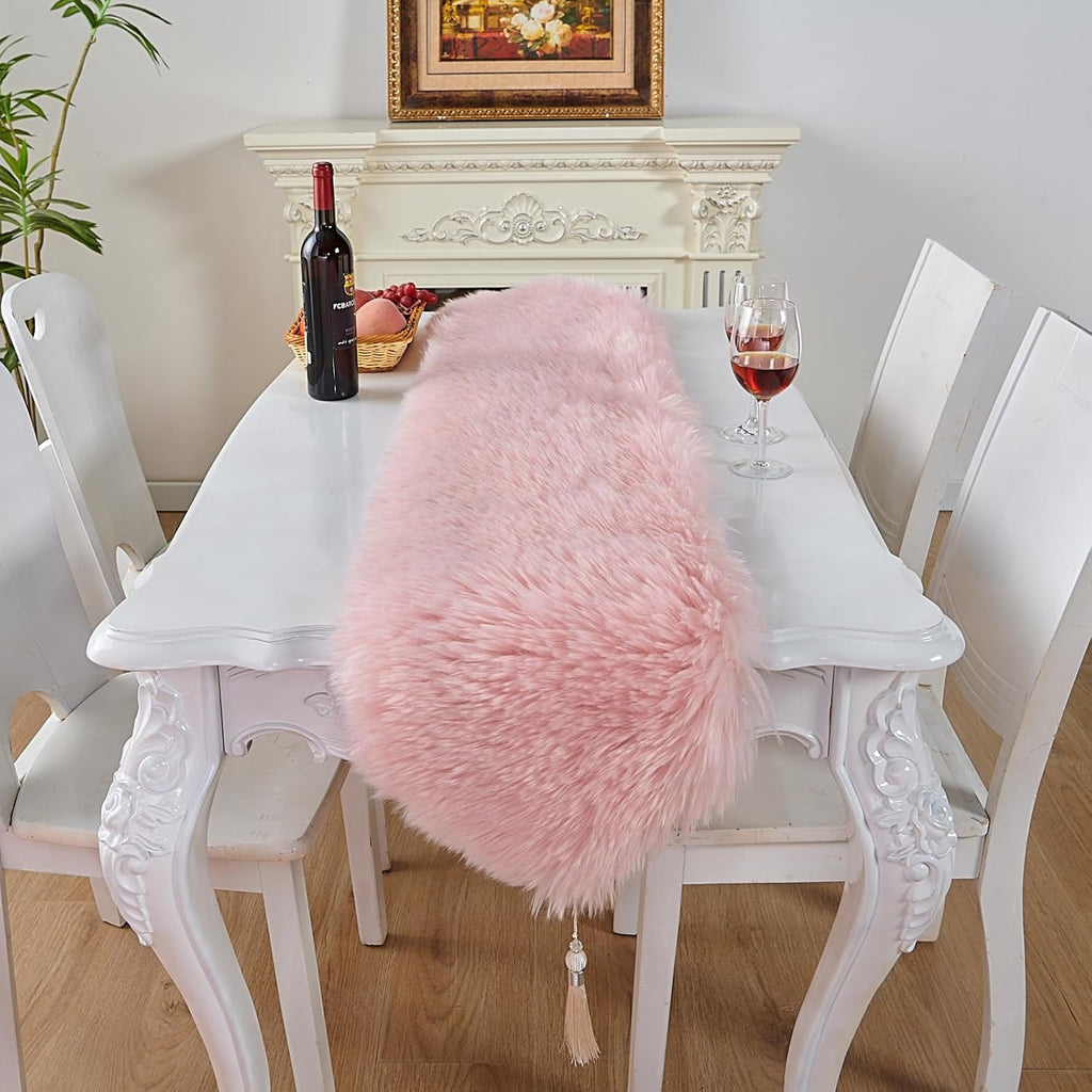 Table Runner with Tassels, Modern Pink Fluffy Faux Fur Decor Table Runners for Thanksgive Home Dinning Table ,Dresser Decoration (Pink, 11.8x59.1 inch)