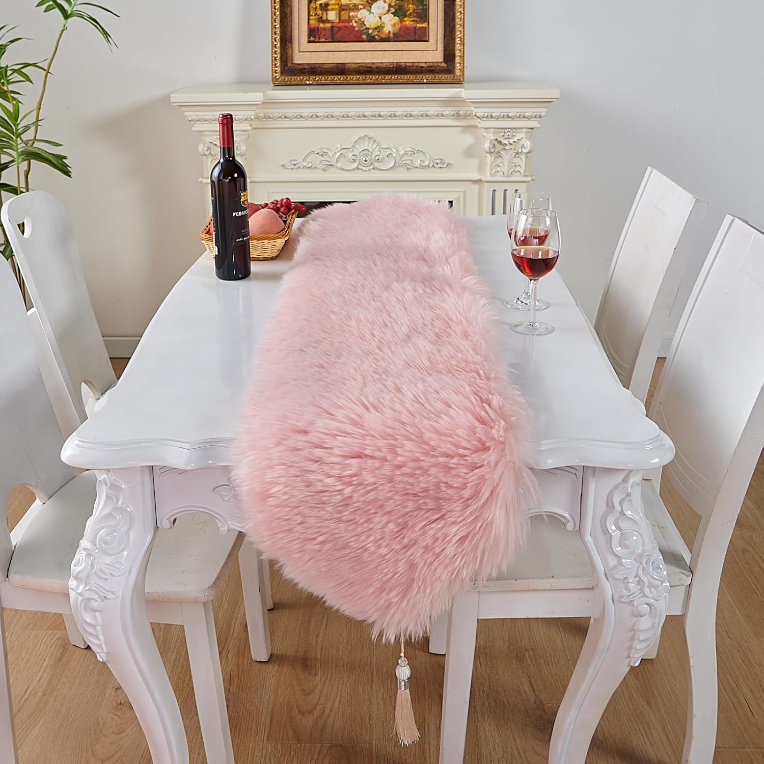 Table Runner with Tassels, Modern Pink Fluffy Faux Fur Decor Table Runners for Thanksgive Home Dinning Table ,Dresser Decoration (Pink, 11.8x59.1 inch)