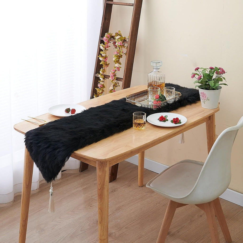 Fluffy Faux Fur Table Runner Black with Tassels for Home Dresser Dinning Table Decor 11.8 x 59.1 inch