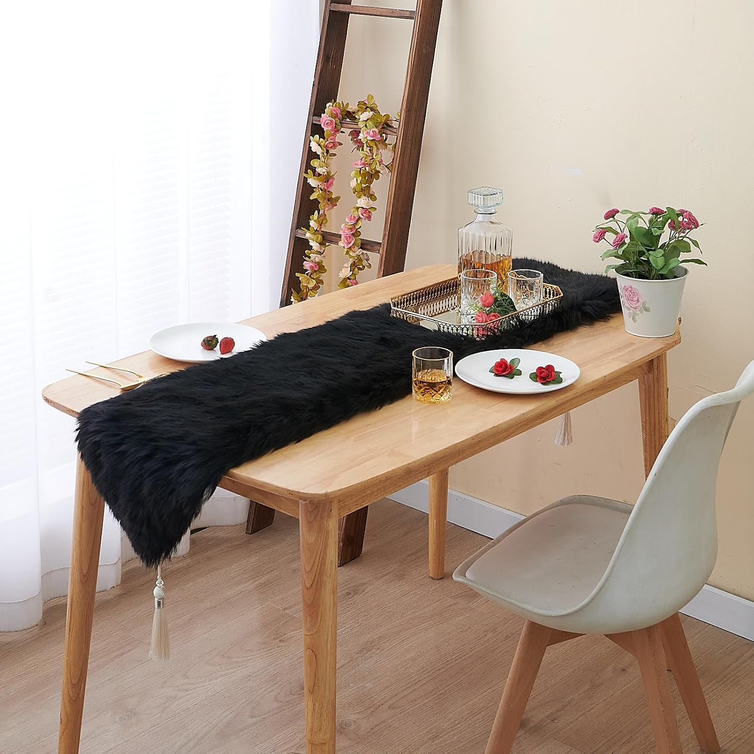 Fluffy Faux Fur Table Runner Black with Tassels for Home Dresser Dinning Table Decor 11.8 x 59.1 inch