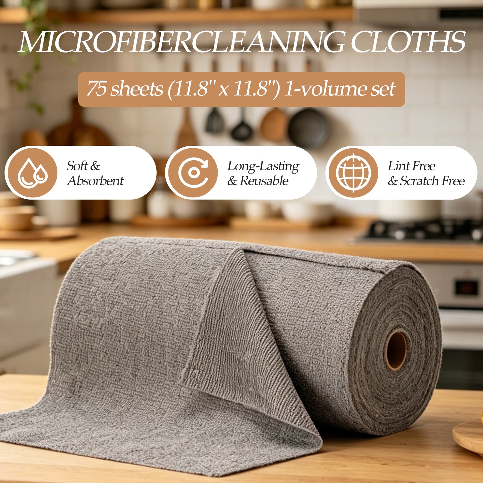 Reusable Microfiber Cloth, 75-Pack,Tear Away Microfiber Towels,(12" x 12") Washable,Perfect for Kitchen, Bathroom and Dish Cleaning (Gray)