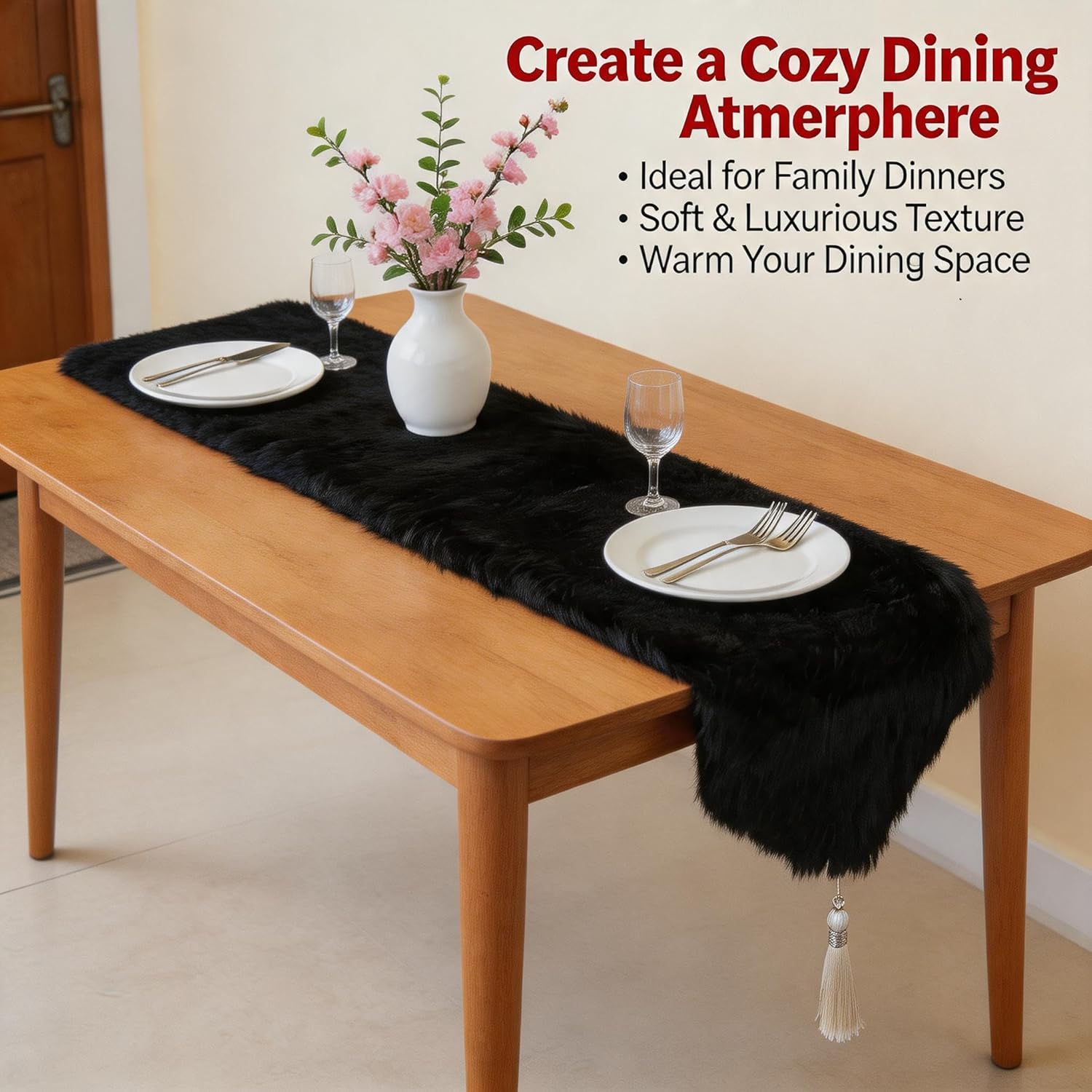Fluffy Faux Fur Table Runner Black with Tassels for Home Dresser Dinning Table Decor 11.8 x 59.1 inch