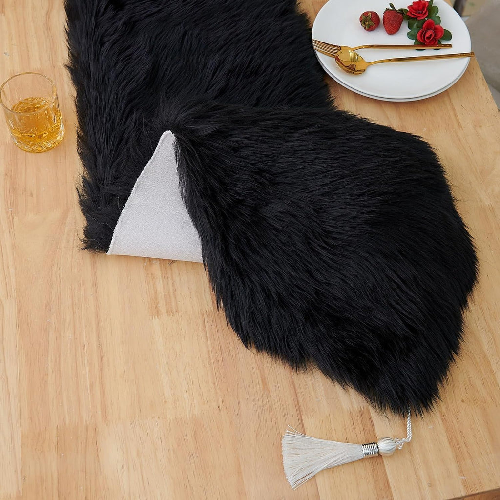 Fluffy Faux Fur Table Runner Black with Tassels for Home Dresser Dinning Table Decor 11.8 x 59.1 inch