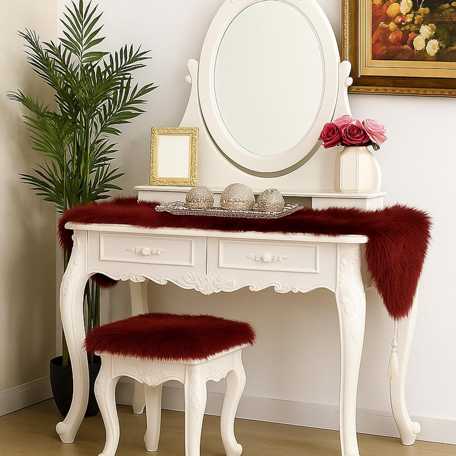 Christmas Table Runner with Tassels, Wine Red Fluffy Faux Fur Xmas Dresser Table Runners for Home Dinning Table Decor ,11.8x70.7 inch