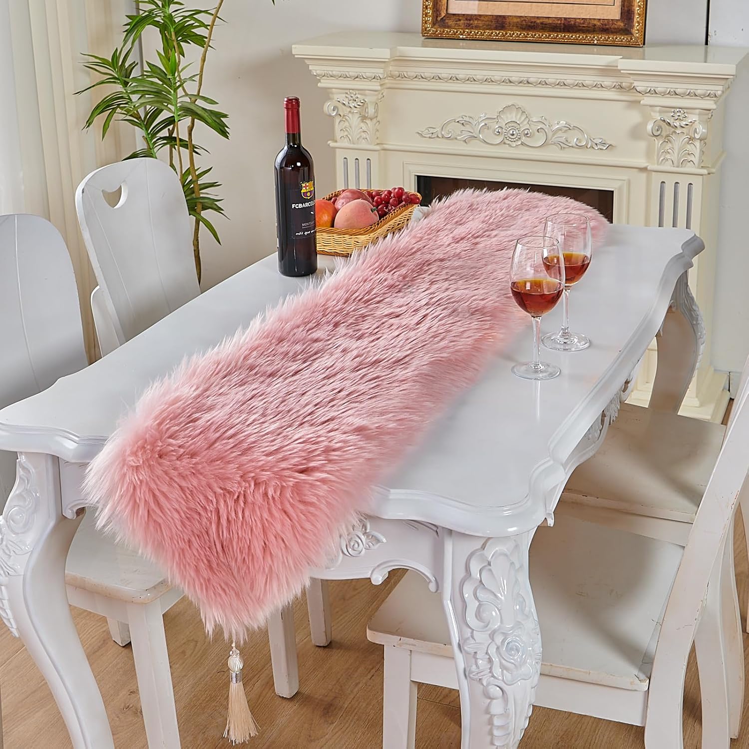 Table Runner with Tassels, Modern Pink Fluffy Faux Fur Decor Table Runners for Thanksgive Home Dinning Table ,Dresser Decoration (Pink, 11.8x59.1 inch)