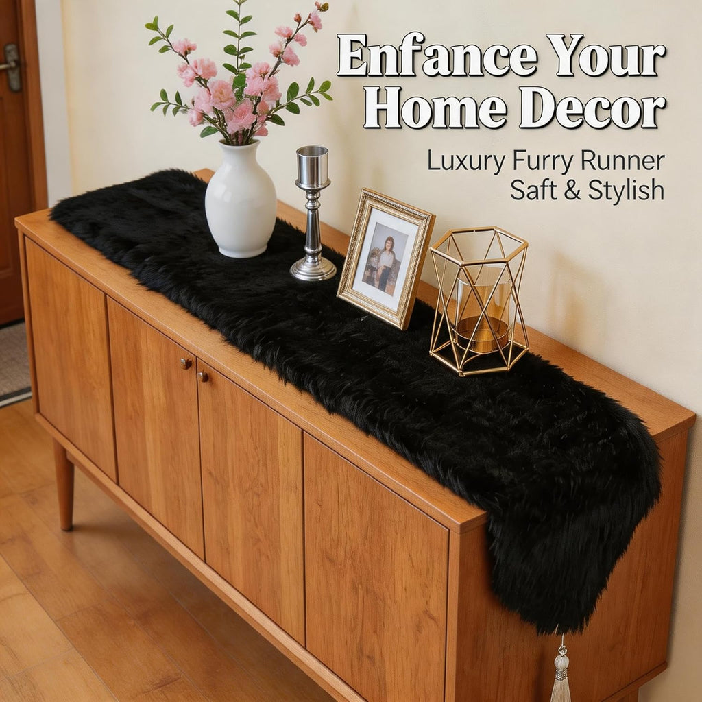 Fluffy Faux Fur Table Runner Black with Tassels for Home Dresser Dinning Table Decor 11.8 x 59.1 inch