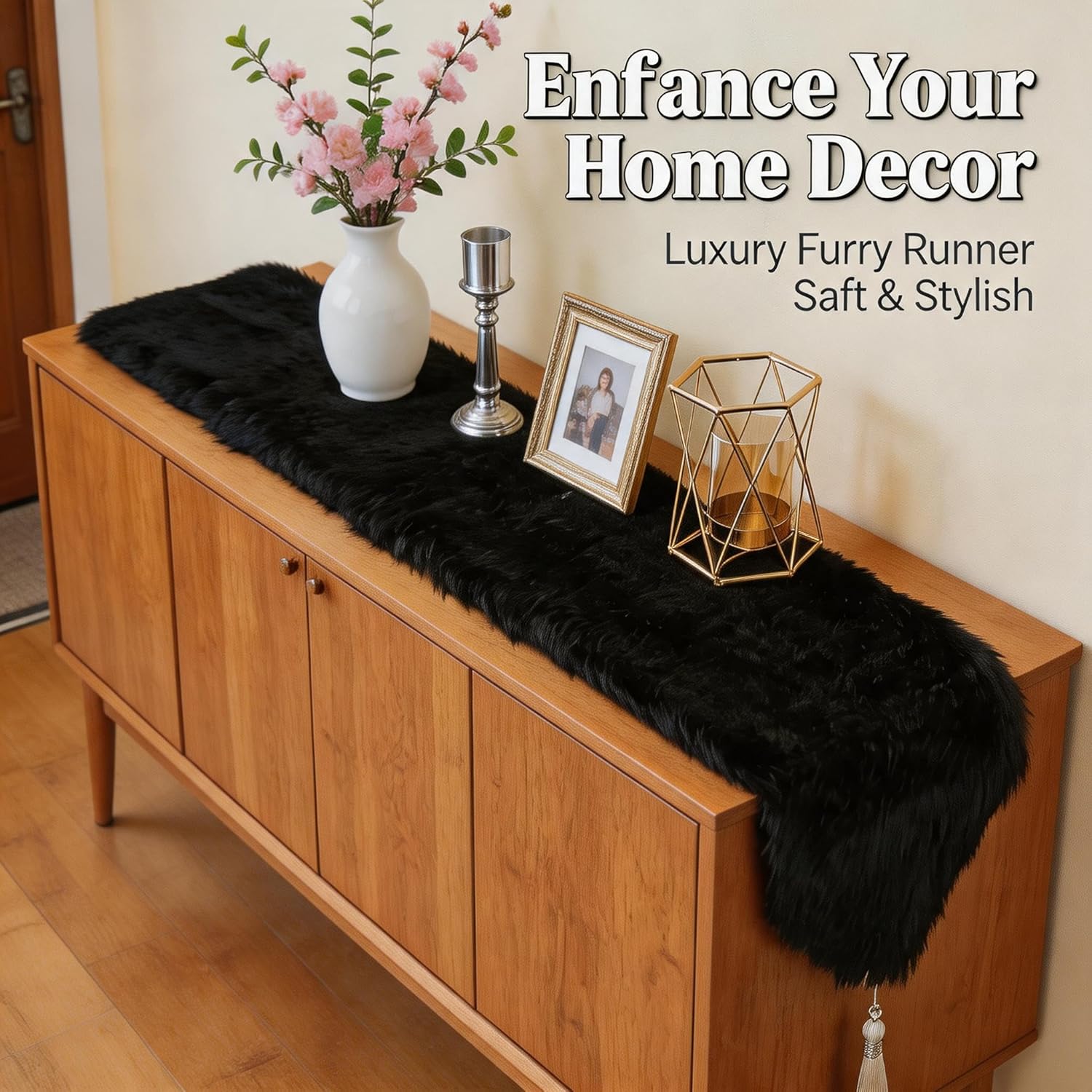 Fluffy Faux Fur Table Runner Black with Tassels for Home Dresser Dinning Table Decor 11.8 x 59.1 inch
