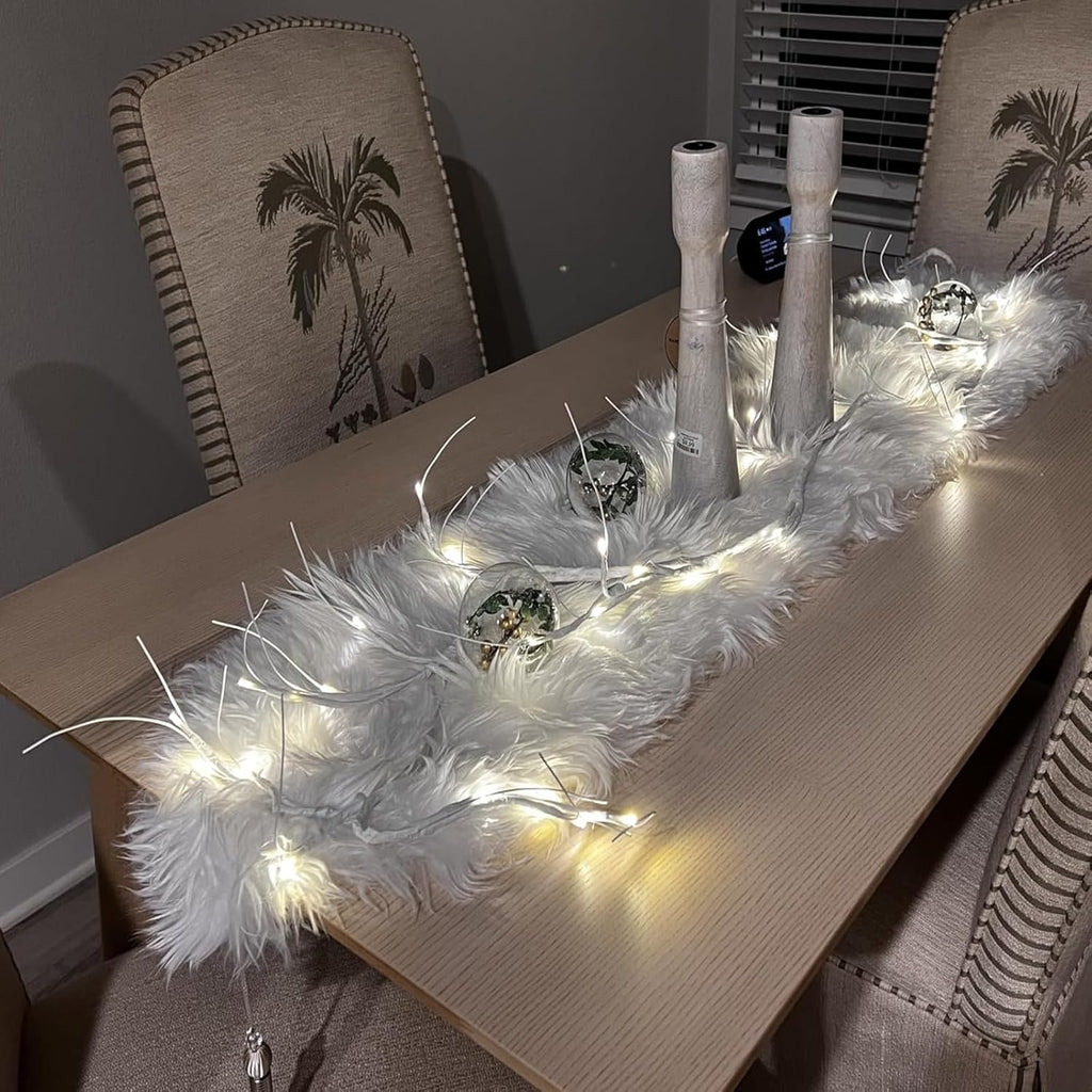 White Table Runner for Home Decor , Fluffy Fur Christmas Table Runners with Tassels for Dining Table ,Dresser ,Thanksgiving, Xmas ,Birthday ,Party ,11.8x70.7 inch
