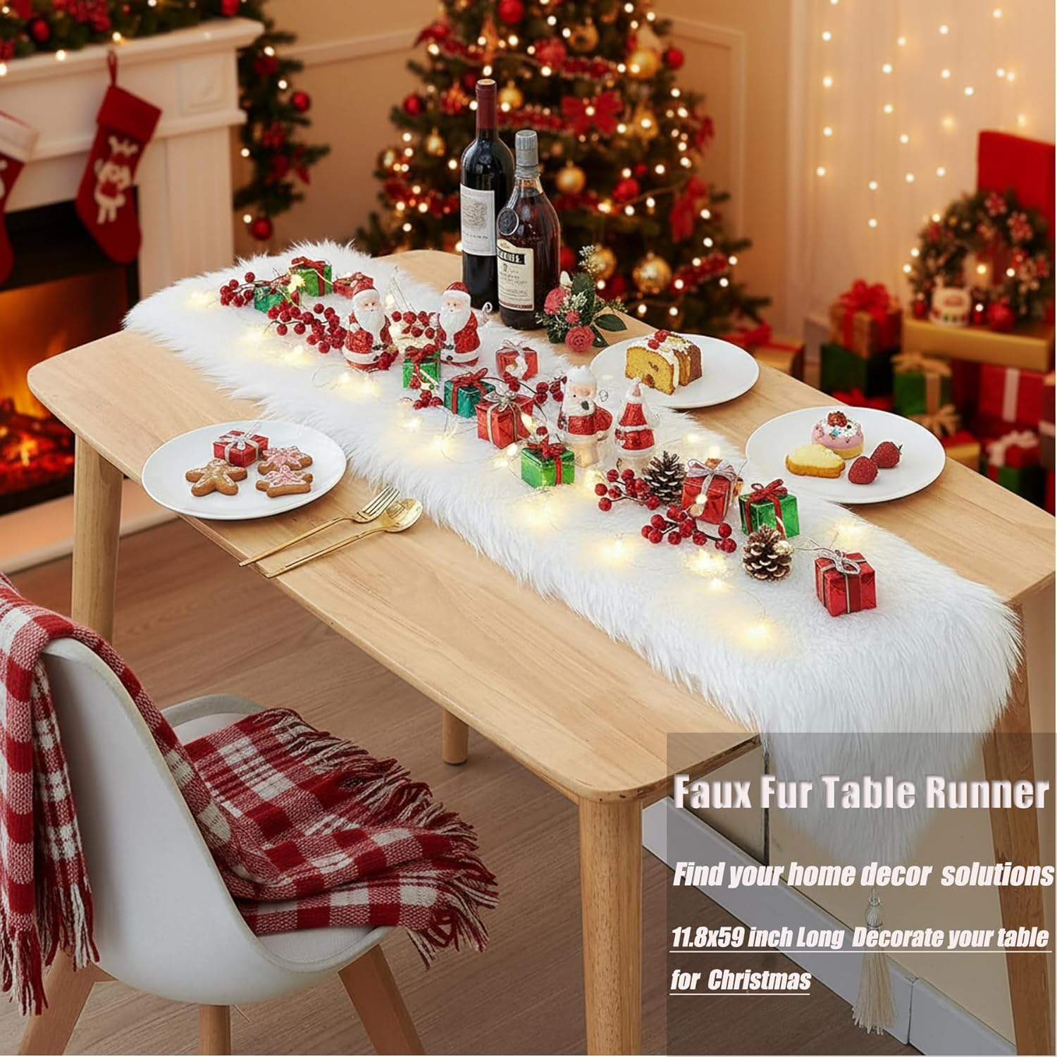 Faux Fur Table Runner White with Tassels, Fluffy Christmas Table Runners for Thanksgiving Home Dresser Dinning Table Decor 11.8 x 59.1 inch