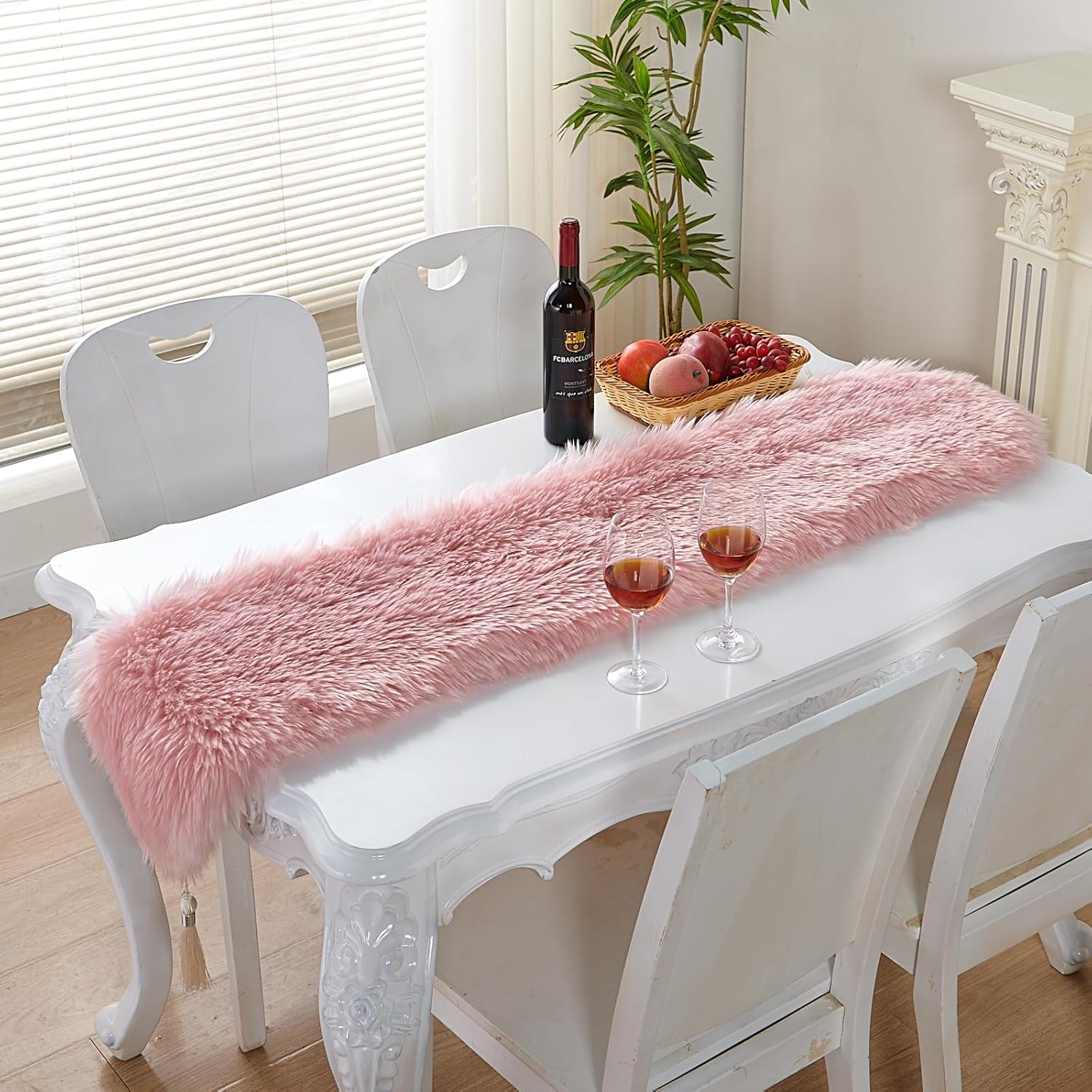 Table Runner with Tassels, Modern Pink Fluffy Faux Fur Decor Table Runners for Thanksgive Home Dinning Table ,Dresser Decoration (Pink, 11.8x59.1 inch)
