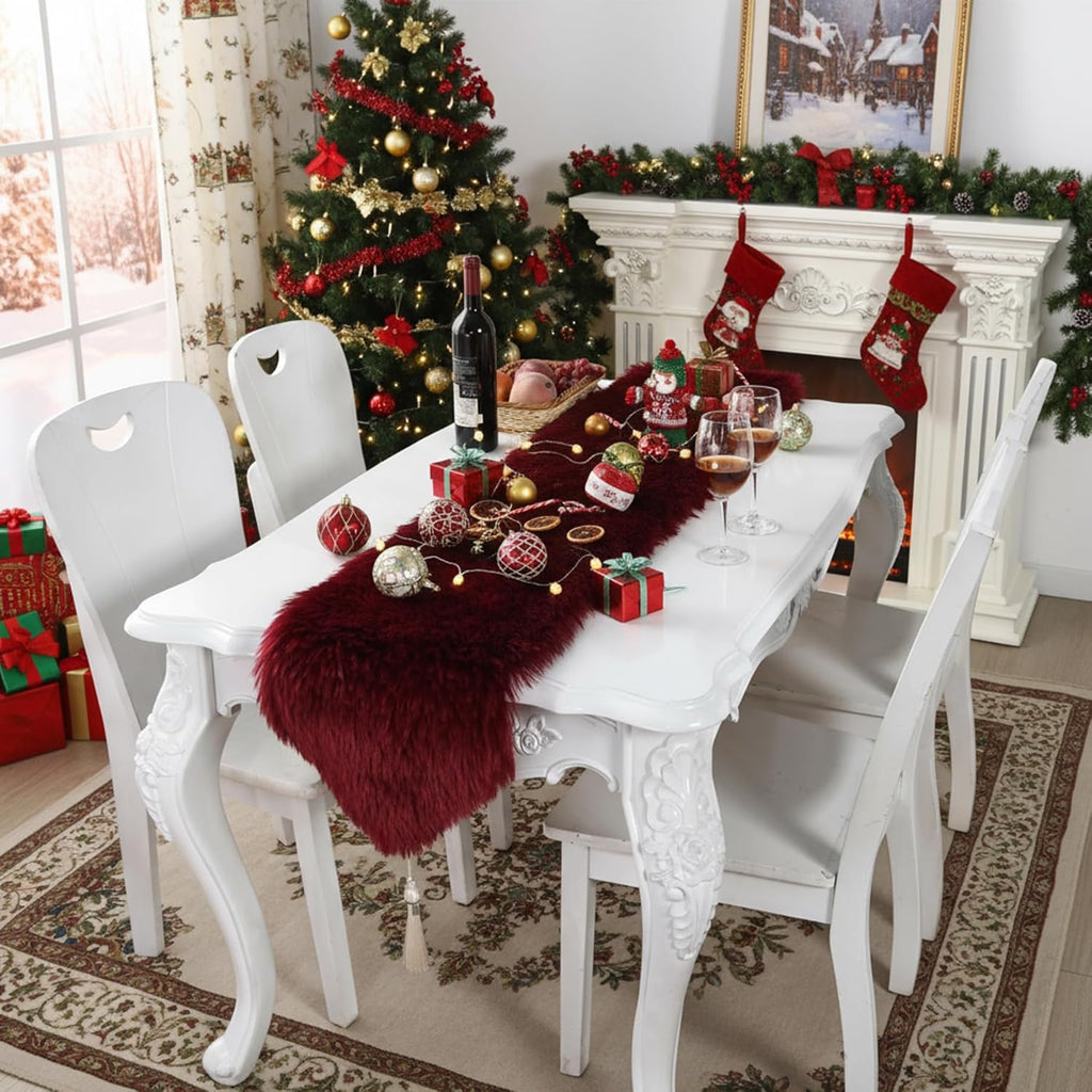 Christmas Table Runner with Tassels, Wine Red Fluffy Faux Fur Xmas Dresser Table Runners for Home Dinning Table Decor ,11.8x70.7 inch