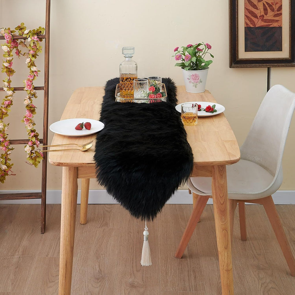 Fluffy Faux Fur Table Runner Black with Tassels for Home Dresser Dinning Table Decor 11.8 x 59.1 inch