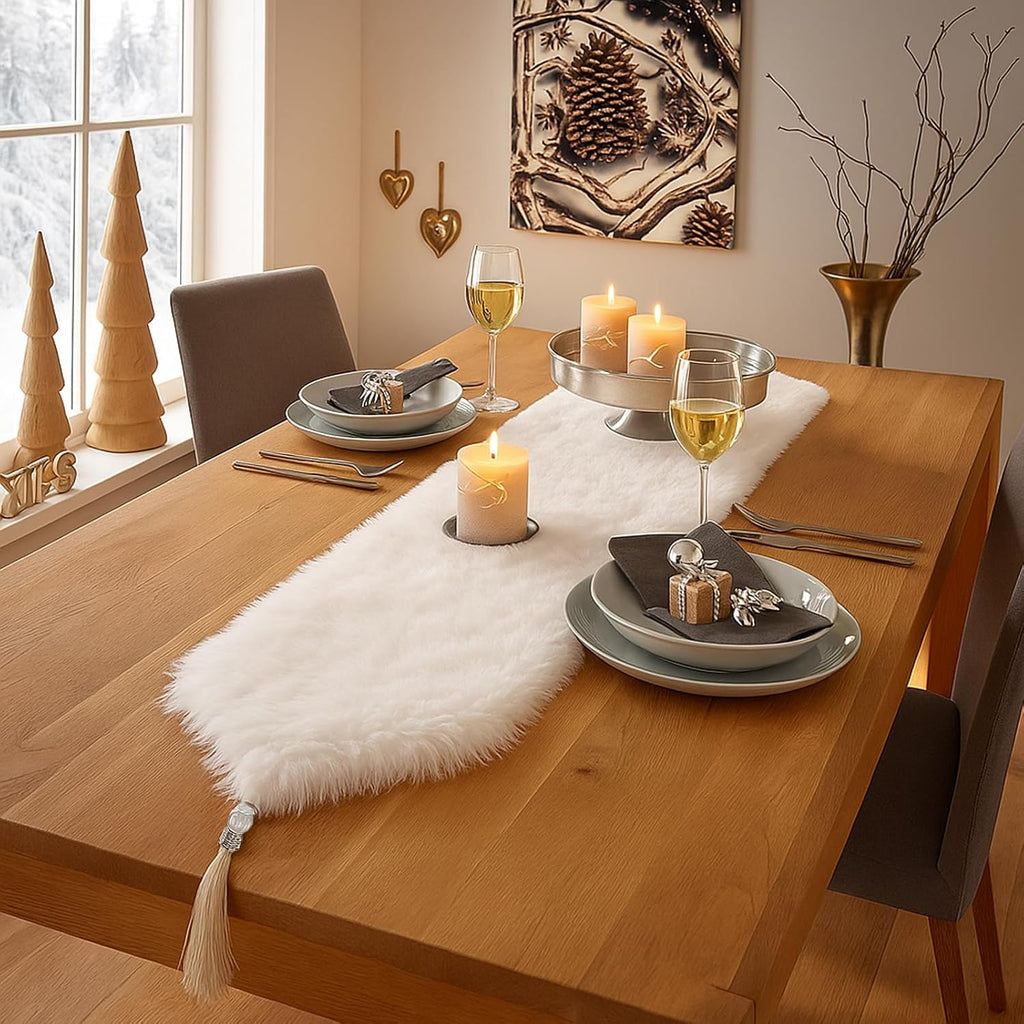 White Table Runner for Home Decor , Fluffy Fur Christmas Table Runners with Tassels for Dining Table ,Dresser ,Thanksgiving, Xmas ,Birthday ,Party ,11.8x70.7 inch