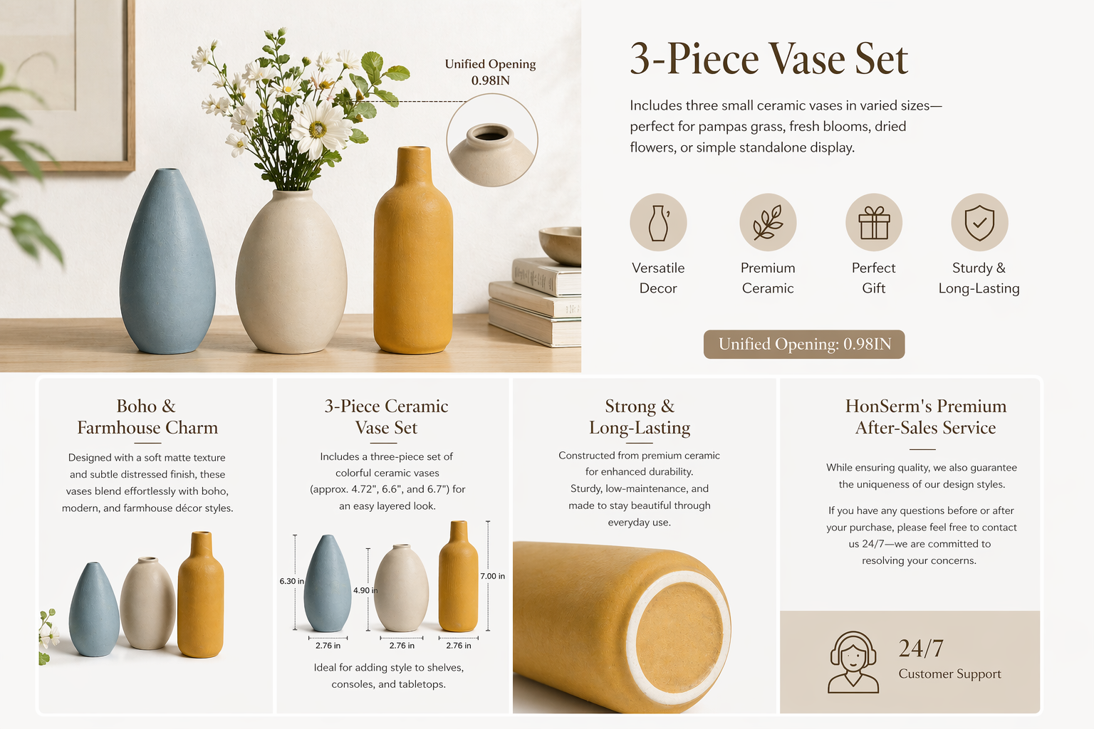 Vases Set of 3 Modern Boho Farmhouse Home Decor,Decorative Vases for Pampas Grass & Dried Flowers,Distressed Finish for Table Mantel Entryway Shelf Living Room Kitchen Bathroom