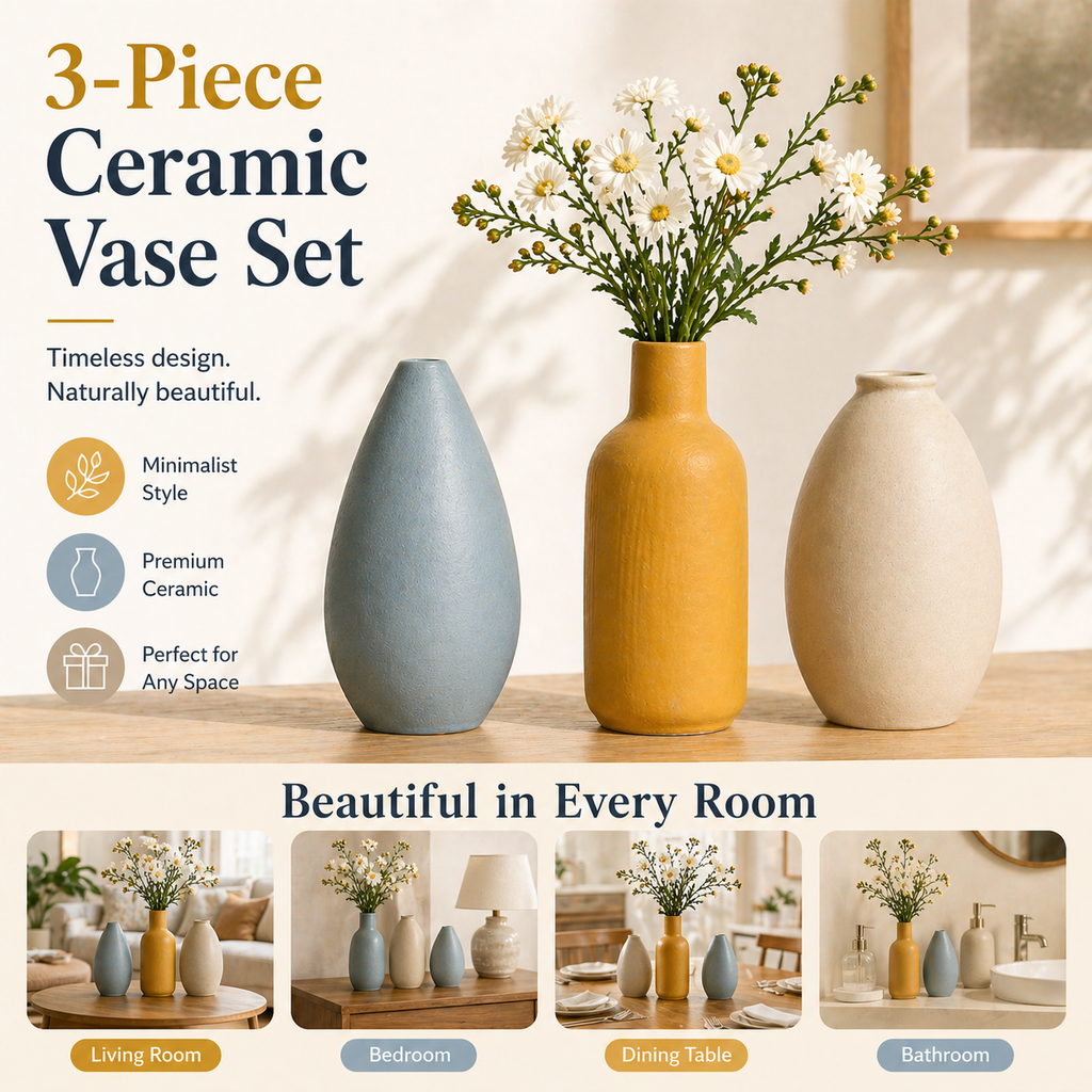 Vases Set of 3 Modern Boho Farmhouse Home Decor,Decorative Vases for Pampas Grass & Dried Flowers,Distressed Finish for Table Mantel Entryway Shelf Living Room Kitchen Bathroom